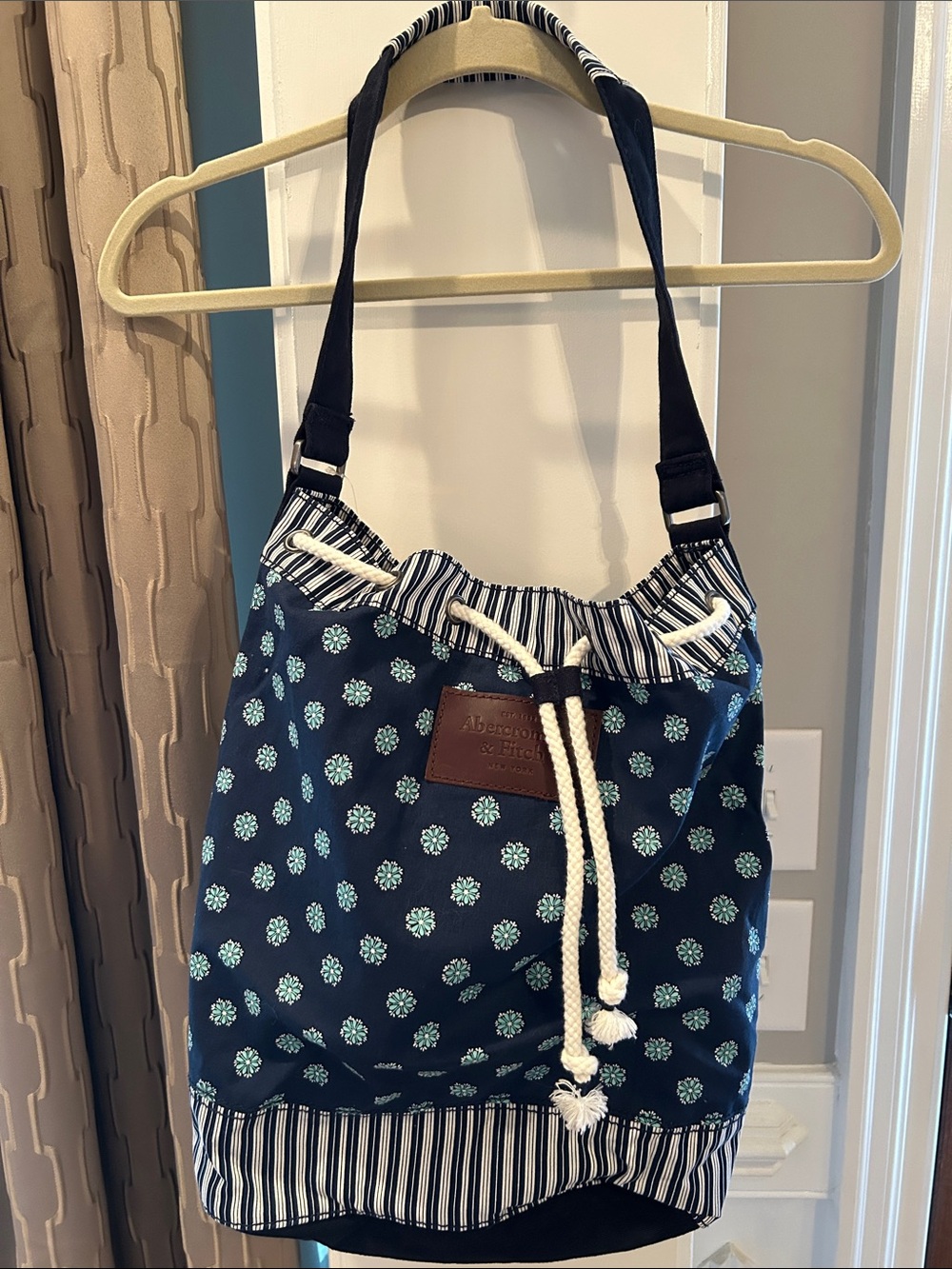 Abercrombie & Fitch Navy Floral Drawstring Shoulder Bag with Light Blue Accents